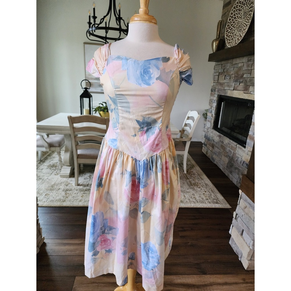 Vintage Lanz 80s Floral Cap Sleeve Dropped Waist Tea Dress Coquette Cottagecore